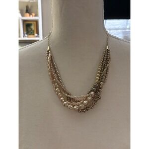 Loft Multi Strand Faux Pearl Antiqued gold Tone Rhinestone Statement Necklace